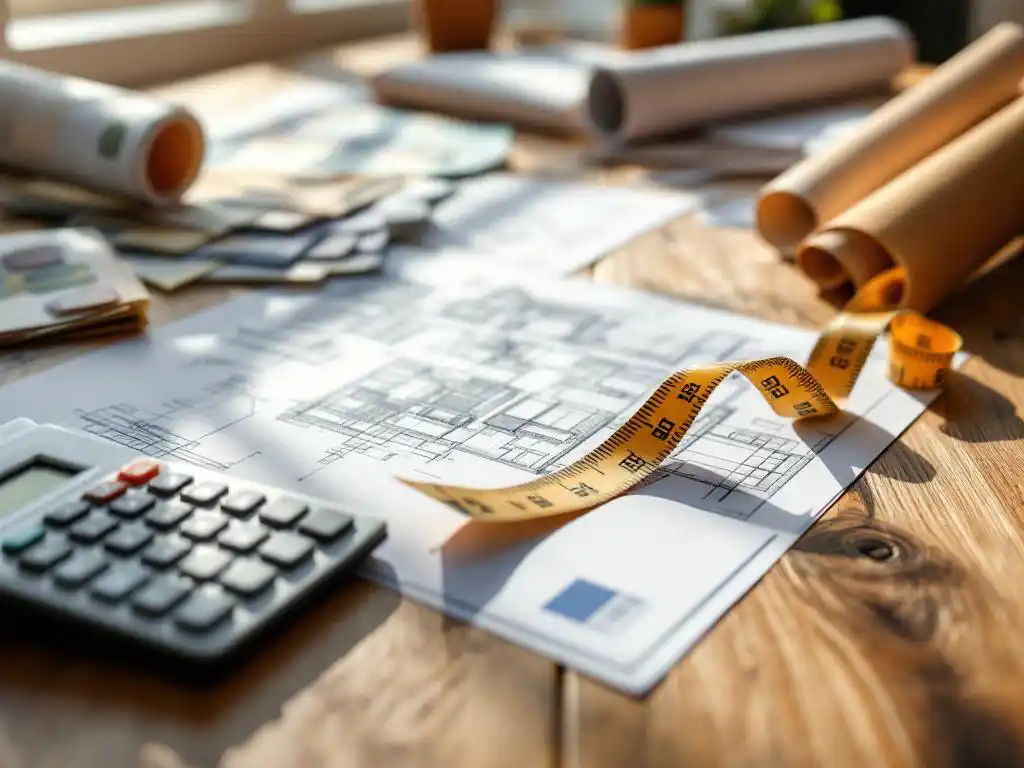 Houten bureau met architecturale blauwdrukken, rekenmachine, eurobankbiljetten, stofstalen en meetlint in natuurlijk licht