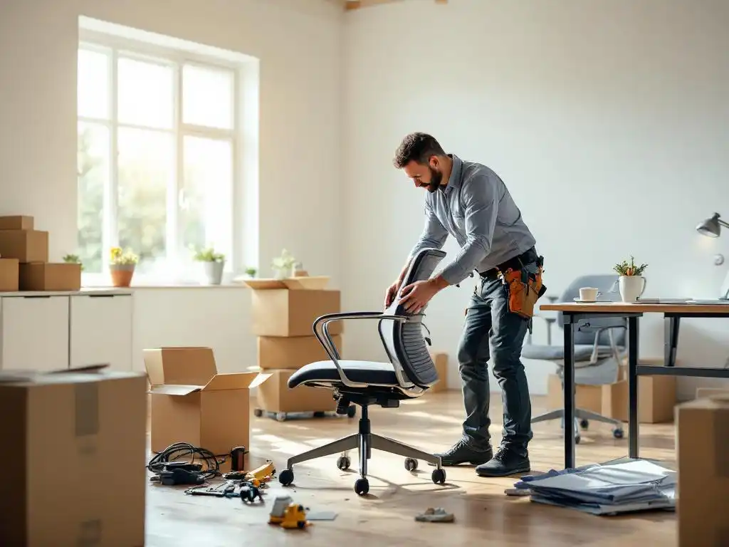 Professionele installateur plaatst moderne bureaustoel in lichte kantoorruimte met dozen en gereedschap, natuurlijk zonlicht door grote ramen.