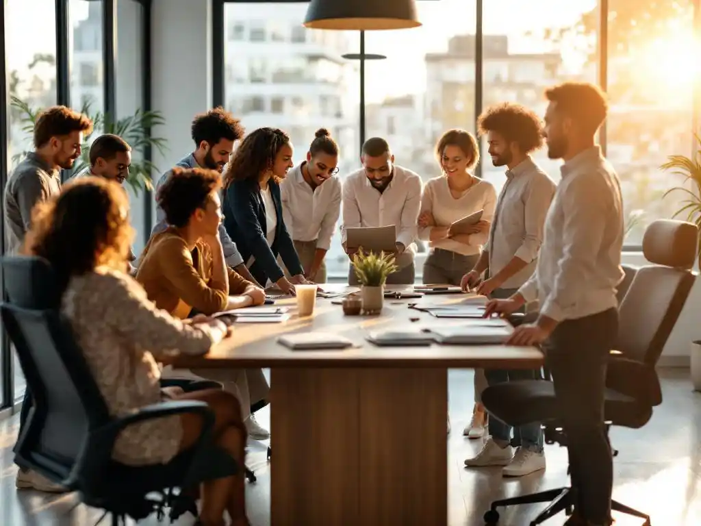 Divers team van professionals vergadert rond houten conferentietafel in modern kantoor met natuurlijk licht