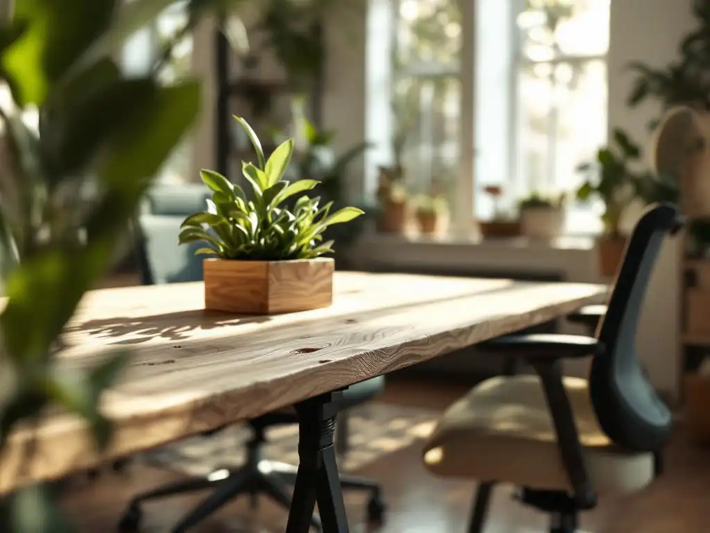 Moderne kantoorwerkplek met gerecyclede houten bureau, hergestoffeerde ergonomische stoelen en groene plant in hergebruikte ladeblok-plantenbak