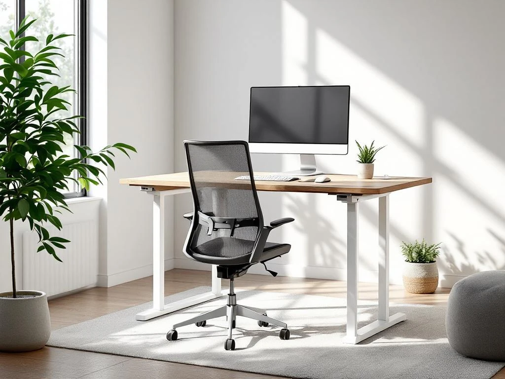 Modern sta-zit bureau met houten blad en witte poten, ergonomische bureaustoel, monitor en plant bij raam