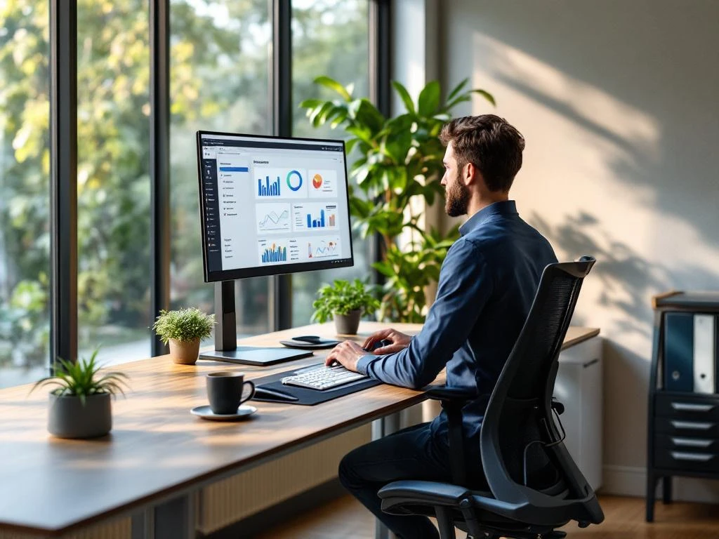 Moderne kantoorwerkplek met zit-sta bureau, computer, ergonomische stoel en groene plant bij groot raam
