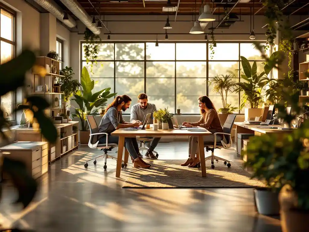 Moderne open kantoorruimte met ergonomische meubels, houten bureaus, medewerkers aan vergadertafel en werkplekken, natuurlijk licht