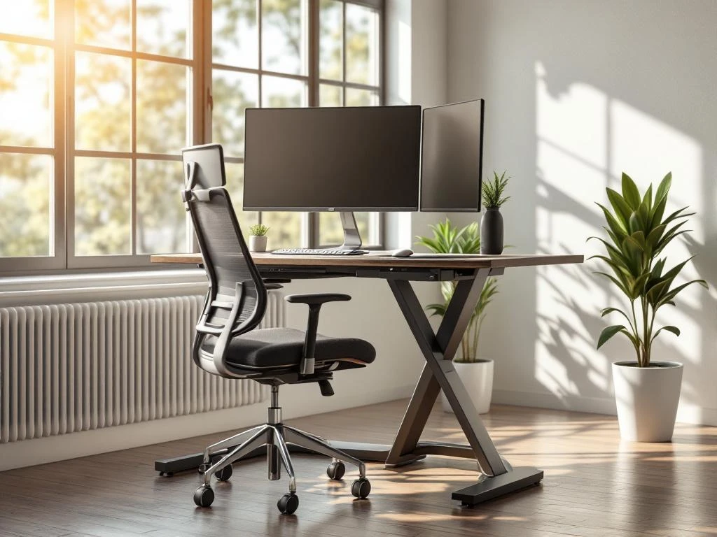 Moderne kantoorwerkplek met zit-sta bureau, ergonomische stoel, monitor en groene plant bij raam met natuurlijk licht