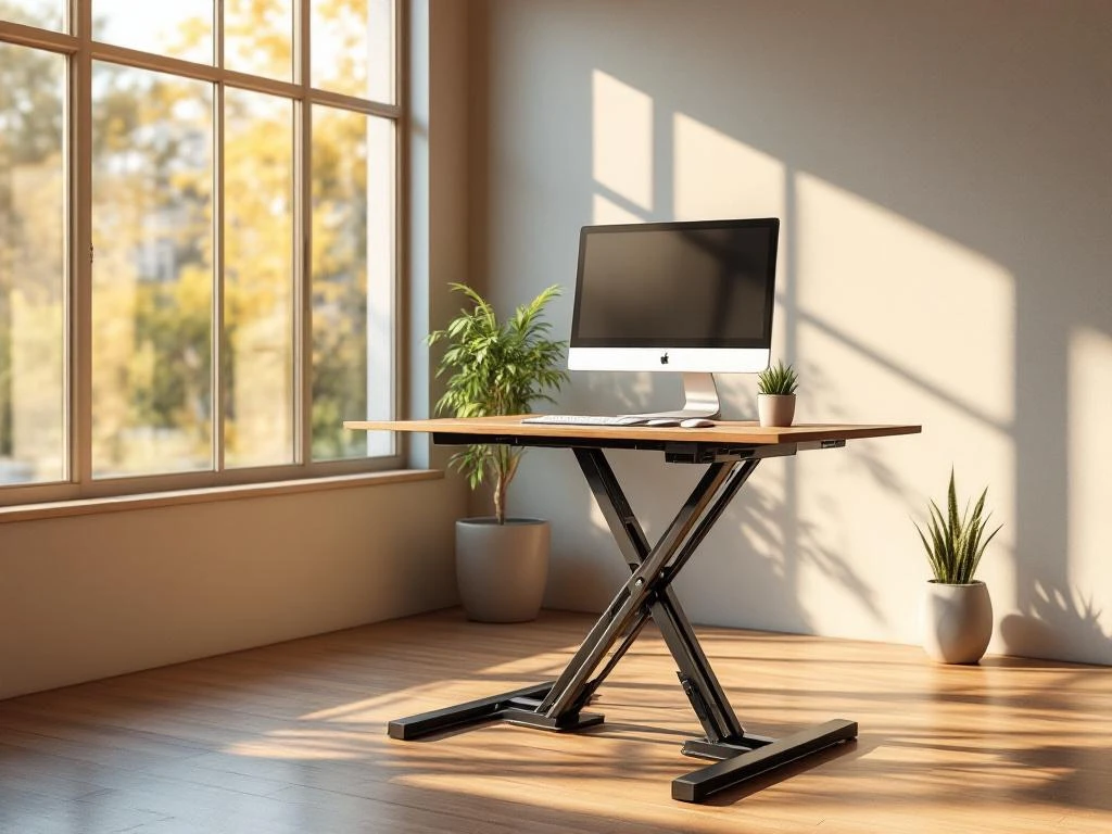 Moderne kantoorwerkplek met verstelbaar bureau, ergonomische stoel, monitor en natuurlijk licht door grote ramen