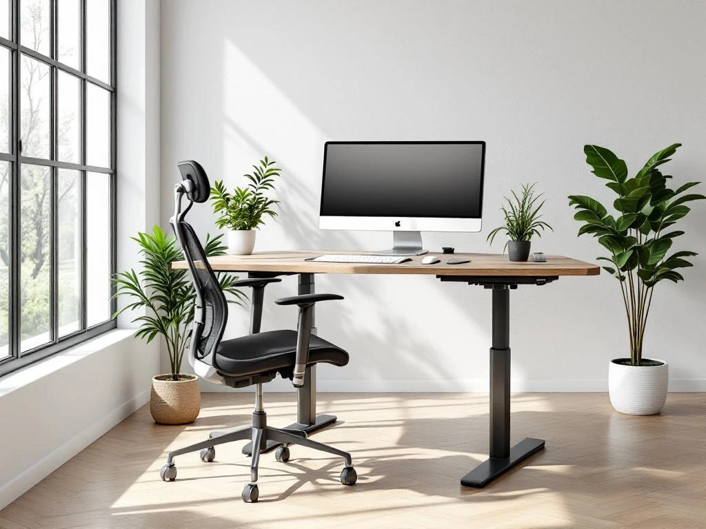 Moderne ergonomische werkplek met zit-sta bureau, bureaustoel, monitor en plant bij groot raam met natuurlijk licht