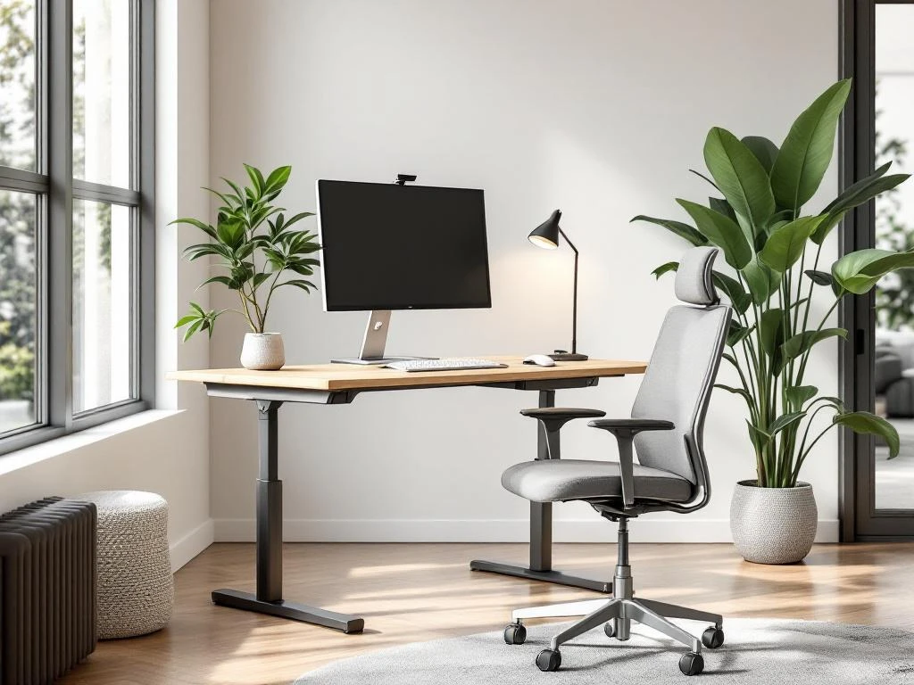Moderne kantoor met zit-sta bureau in hout, ergonomische stoel, monitor en plant bij groot raam met natuurlijk licht