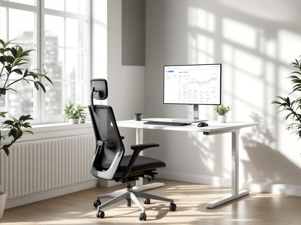 Moderne ergonomische werkplek met witte zit-sta bureau, zwarte bureaustoel, monitor en plant bij raam