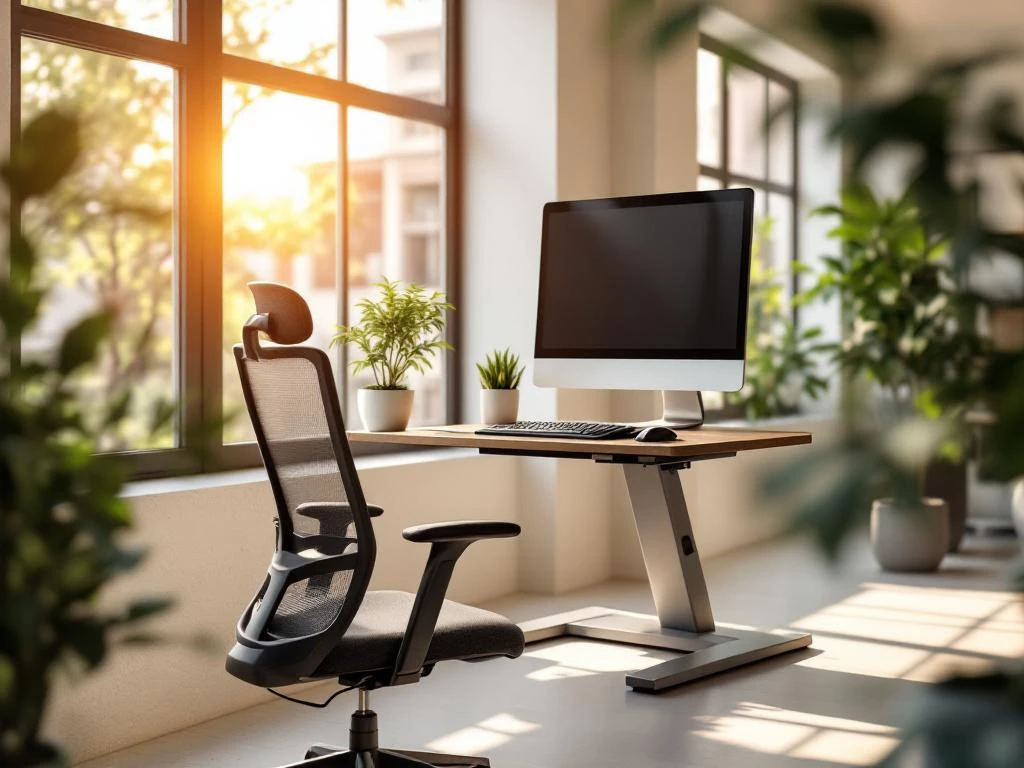 Moderne ergonomische werkplek met zit-sta bureau, mesh bureaustoel, monitor en toetsenbord in lichte kantoorruimte
