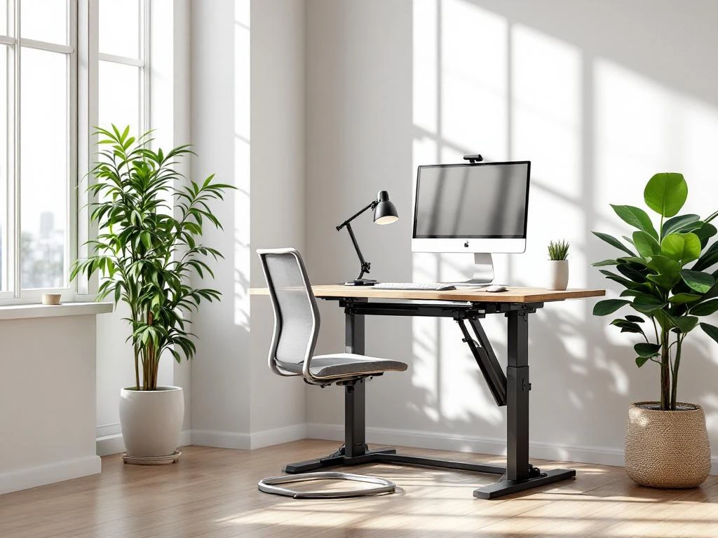 Moderne kantoorkamer met in hoogte verstelbaar bureau, ergonomische stoel, monitor en plant bij groot raam
