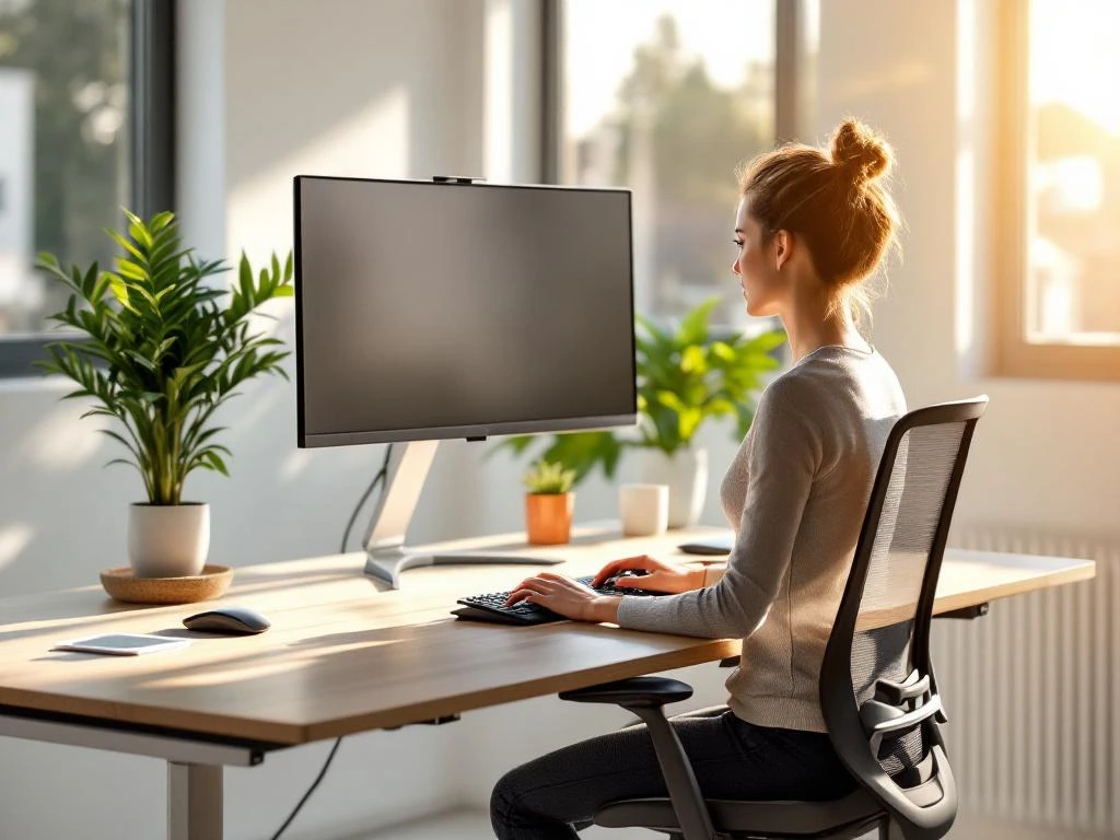 Moderne ergonomische werkplek met zit-sta bureau, mesh stoel, monitor en groene plant bij raam met natuurlijk licht