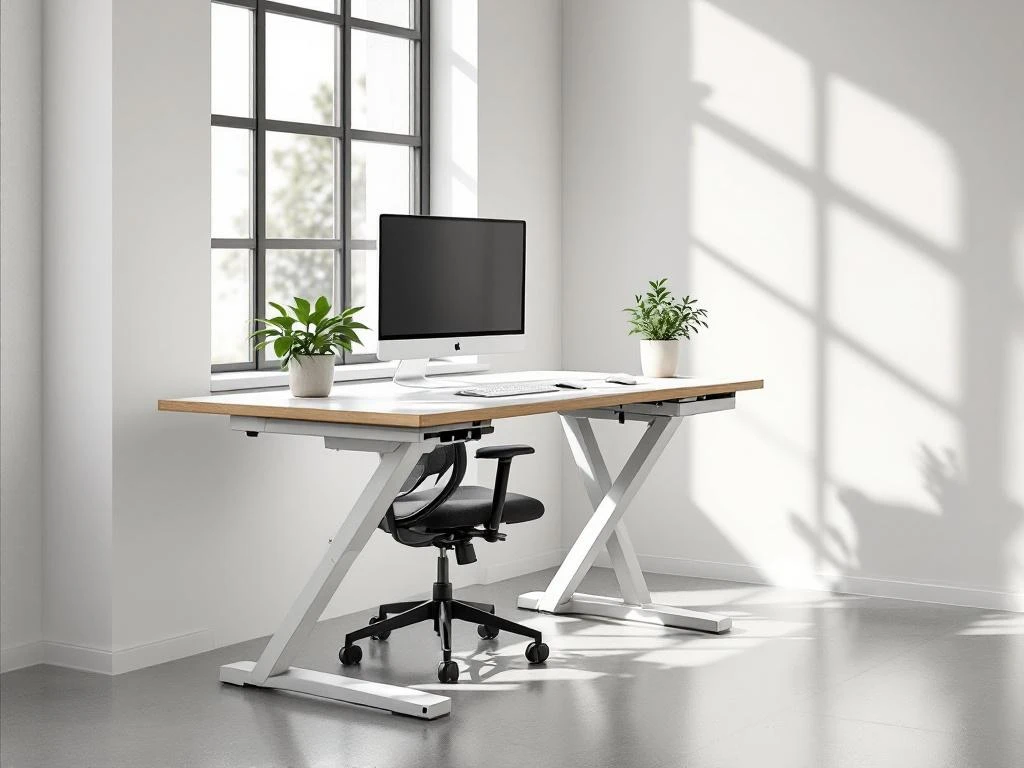 Moderne ergonomische werkplek met wit zit-sta bureau, zwarte bureaustoel, monitor en plant bij groot raam