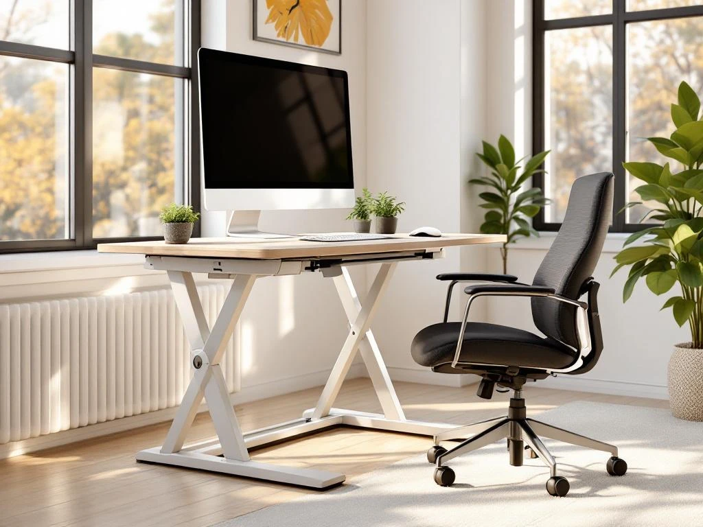 Moderne ergonomische werkplek met zit-sta bureau, bureaustoel, computer en plant bij raam met natuurlijk licht