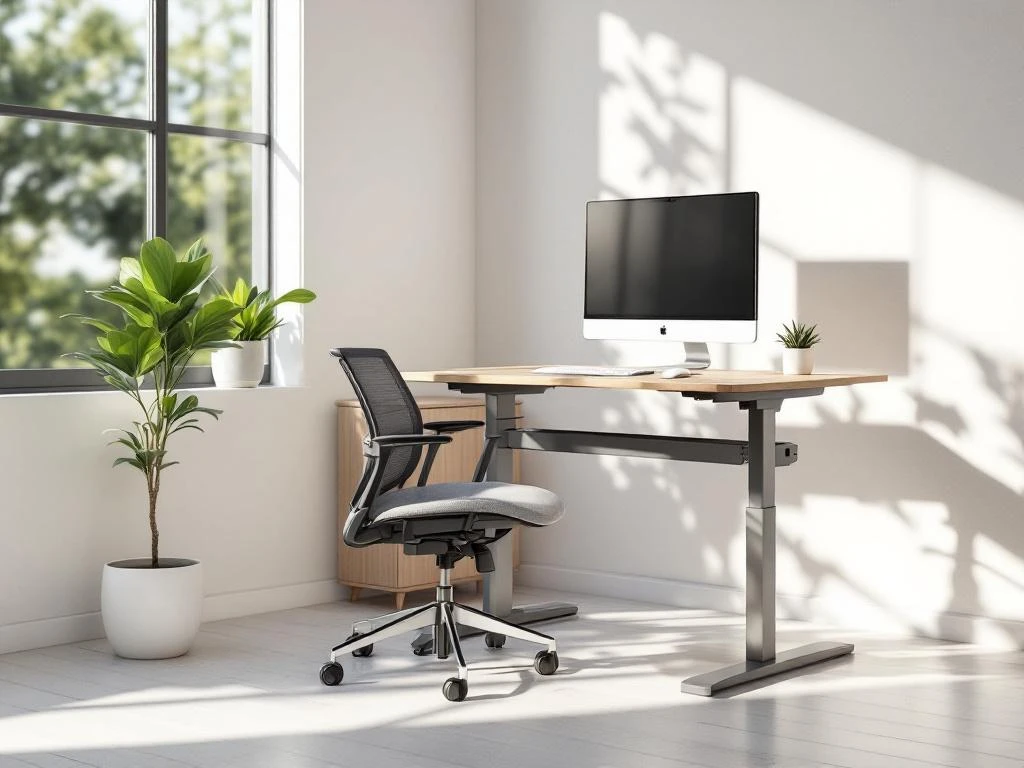 Moderne sta-zit bureau in verhoogde positie met ergonomische bureaustoel, monitor en toetsenbord in lichte kantoorruimte