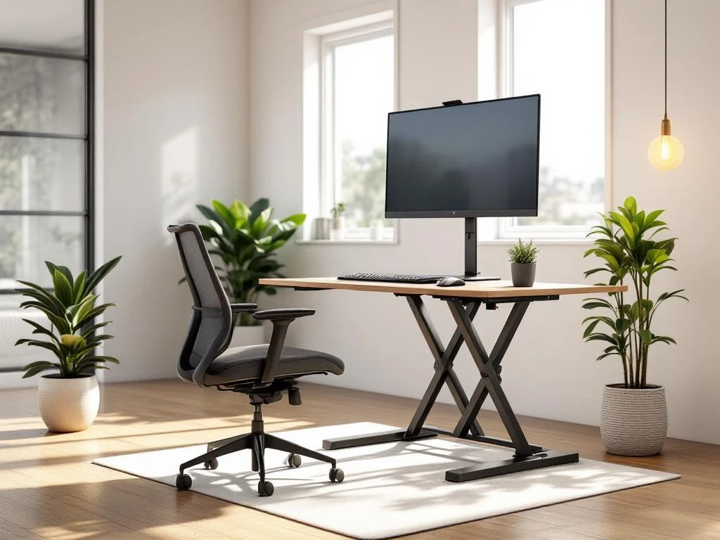 Moderne zit-sta bureau in staande positie met ergonomische stoel, monitor en toetsenbord in lichte kantoorruimte