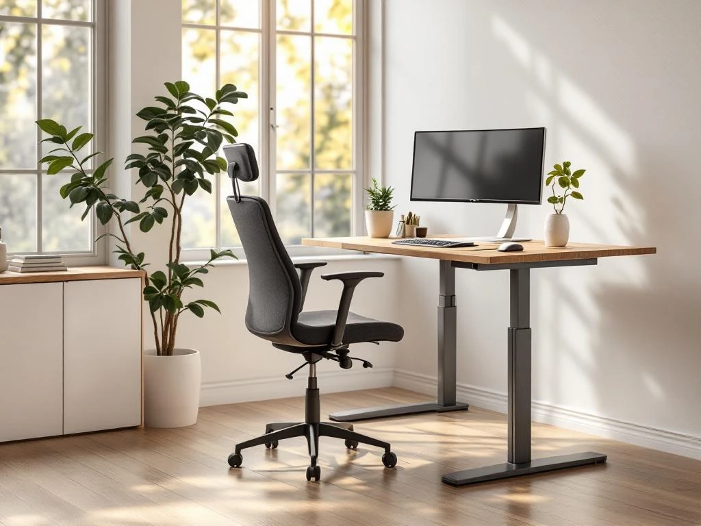 Moderne minimalistische kantoorwerkplek met zit-sta bureau, ergonomische stoel en gebogen monitor in natuurlijk licht