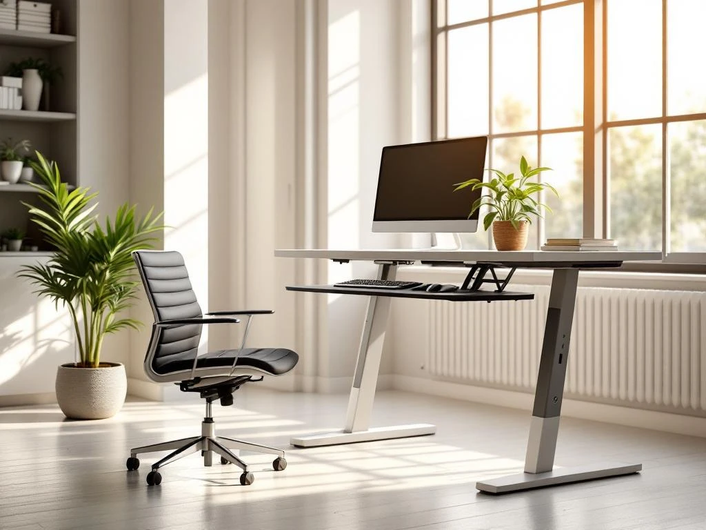 Moderne kantoorruimte met sta-zit bureau, ergonomische stoel, monitor en plant bij raam met natuurlijk licht