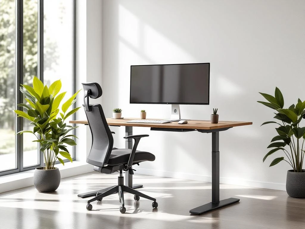 Moderne minimale werkplek met zit-sta bureau van hout, ergonomische stoel, monitor en plant bij raam