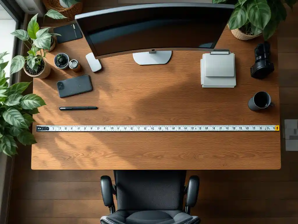 Meetlint meet afstanden tussen ergonomische bureaustoel, monitor en werkplek accessoires op moderne houten bureau