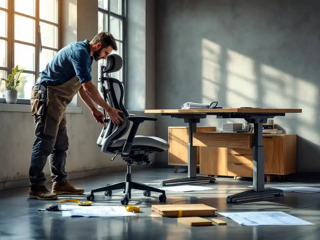 Vakman positioneert ergonomische bureaustoel naast in hoogte verstelbaar bureau in moderne kantoorruimte met blauwdrukken op betonnen vloer