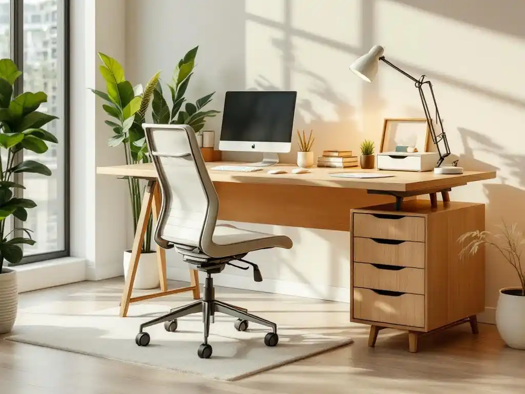 Moderne kantoorwerkplek met ergonomische stoel, opbergoplossingen en plant op lichte eiken vloer in natuurlijk zonlicht