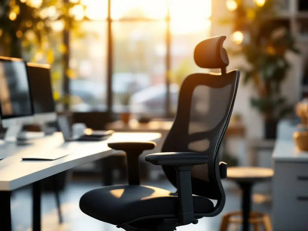 Ergonomische bureaustoel met zwarte mesh rugleuning en gestoffeerde zitting op wit bureau bij raam met natuurlijk licht