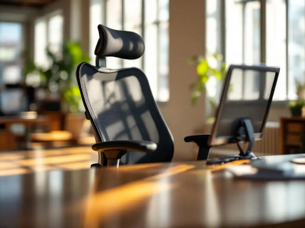 Zwarte ergonomische bureaustoel met mesh rugleuning aan moderne houten bureau met natuurlijk zonlicht door ramen