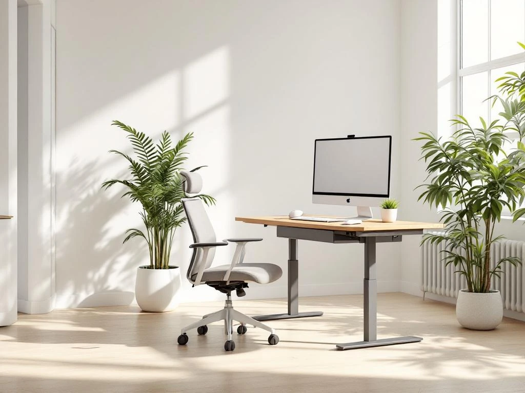 Moderne kantoorwerkplek met zit-sta bureau in hout, ergonomische stoel, monitor en plant bij raam met natuurlijk licht