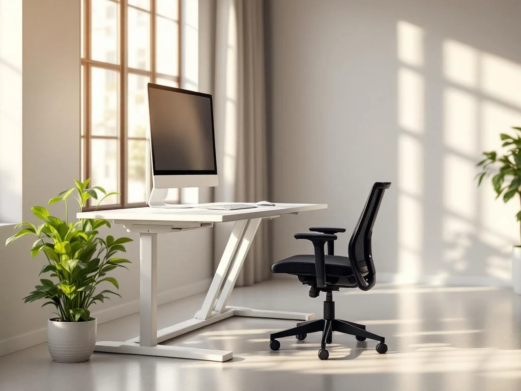 Moderne ergonomische werkplek met zit-sta bureau, monitor, zwarte bureaustoel en groene plant bij raam