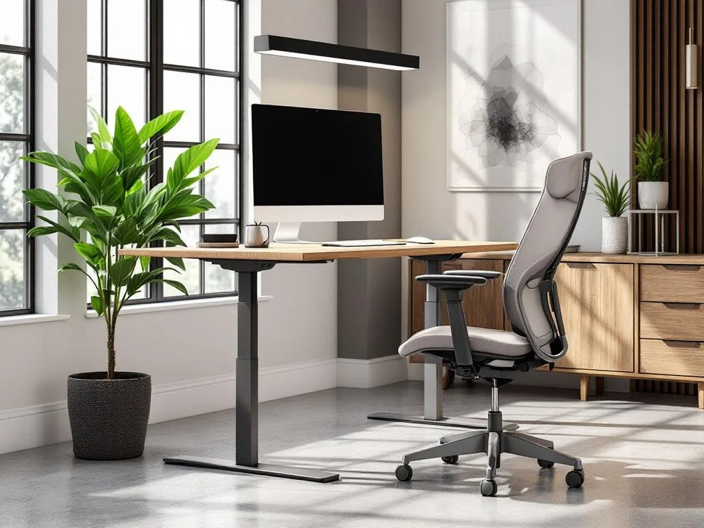 Moderne kantoorwerkplek met verstelbaar zit-sta bureau, ergonomische stoel, monitor en groene plant bij raam