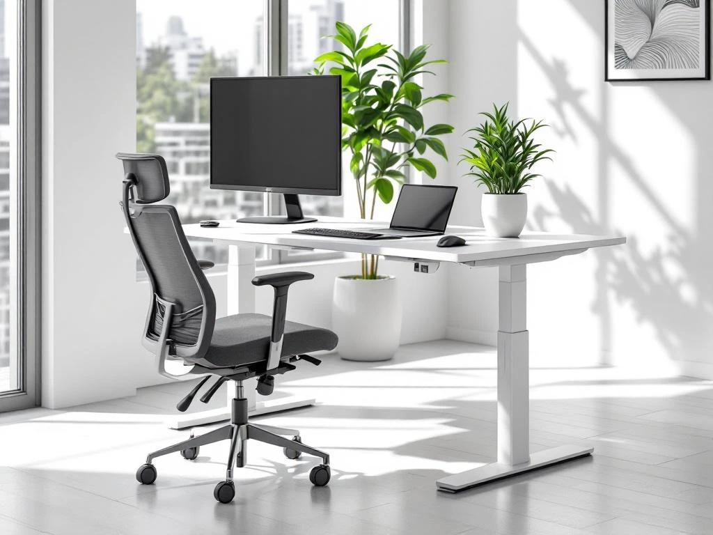 Moderne kantoorwerkplek met wit zit-sta bureau, ergonomische stoel, monitor en groene plant bij raam