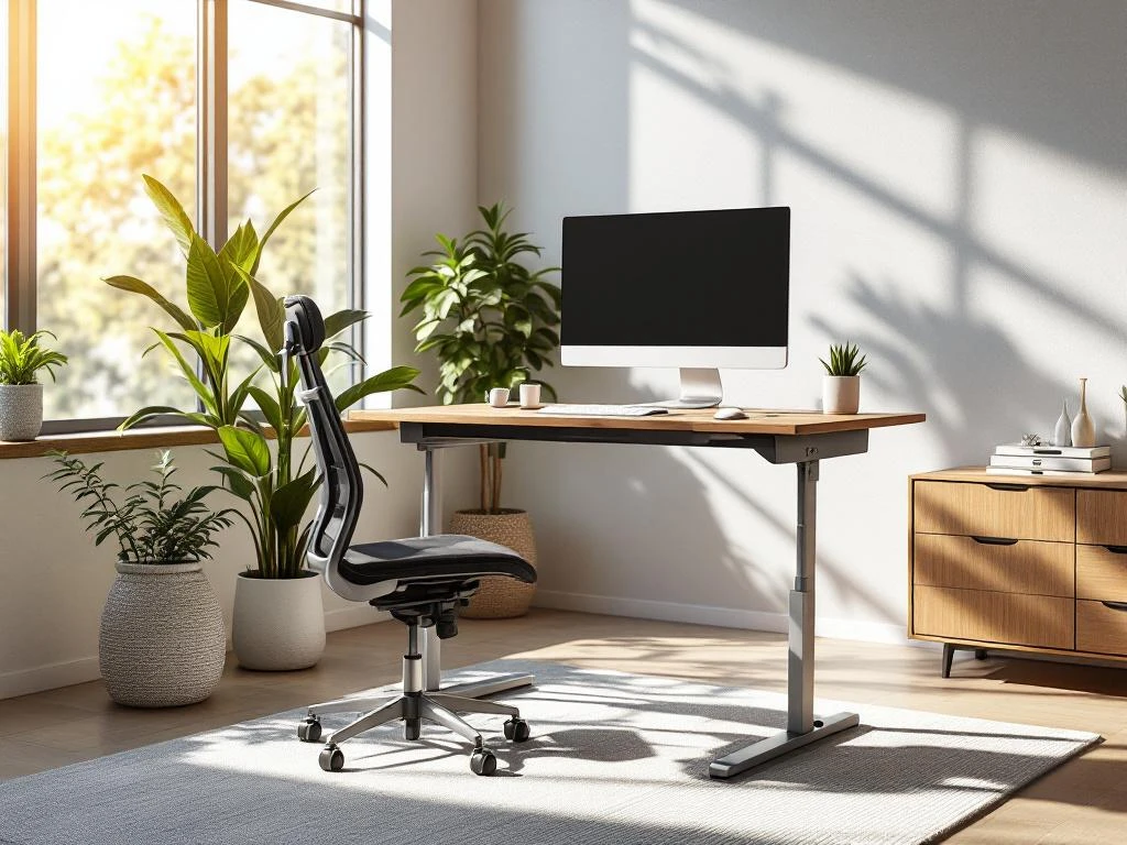 Moderne ergonomische werkplek met zit-sta bureau, monitor en kantoorstoel in lichte ruimte met plant