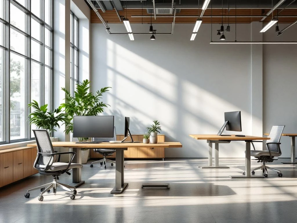 Moderne open kantoorruimte met ergonomische zit-sta bureaus, premium stoelen en natuurlijk licht door grote ramen