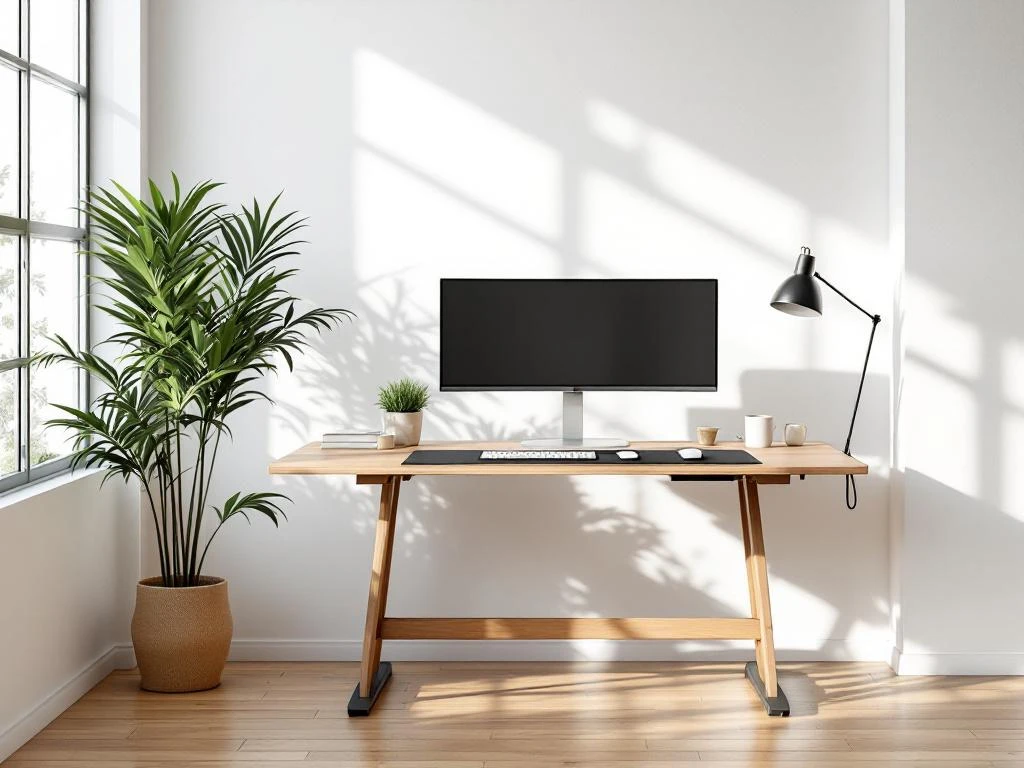 Moderne ergonomische werkplek met zit-sta bureau in hout, bureaustoel, monitor en plant bij raam met natuurlijk licht