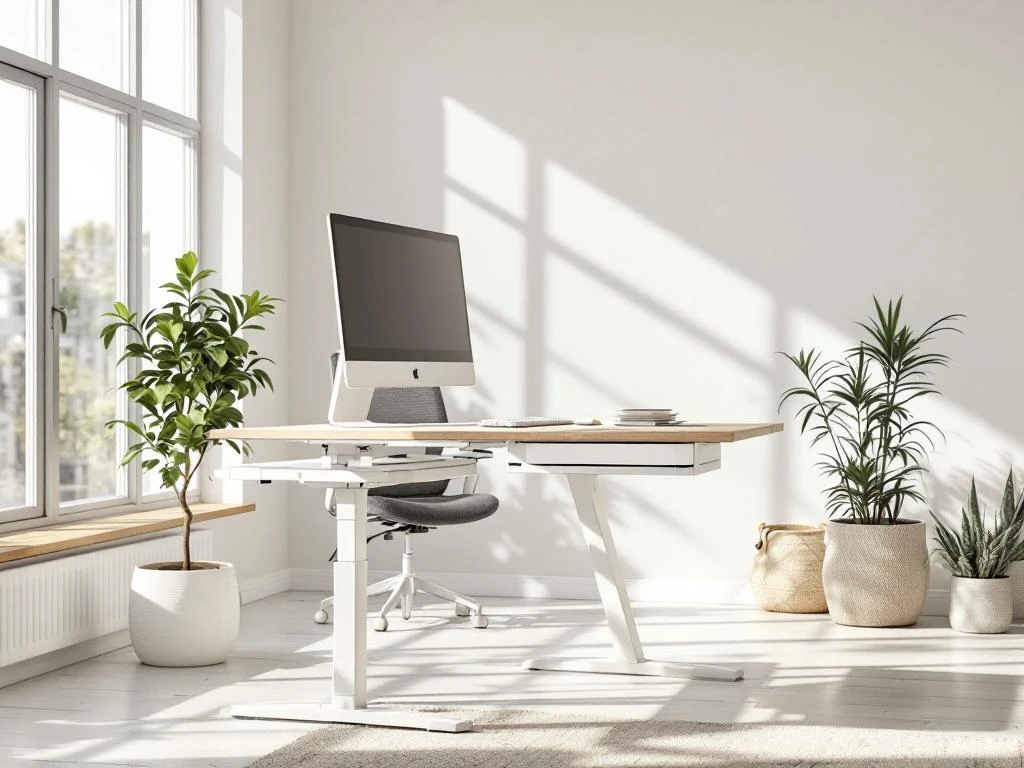 Moderne kantoorwerkplek met witte zit-sta bureau, computer, ergonomische stoel en groene plant bij groot raam