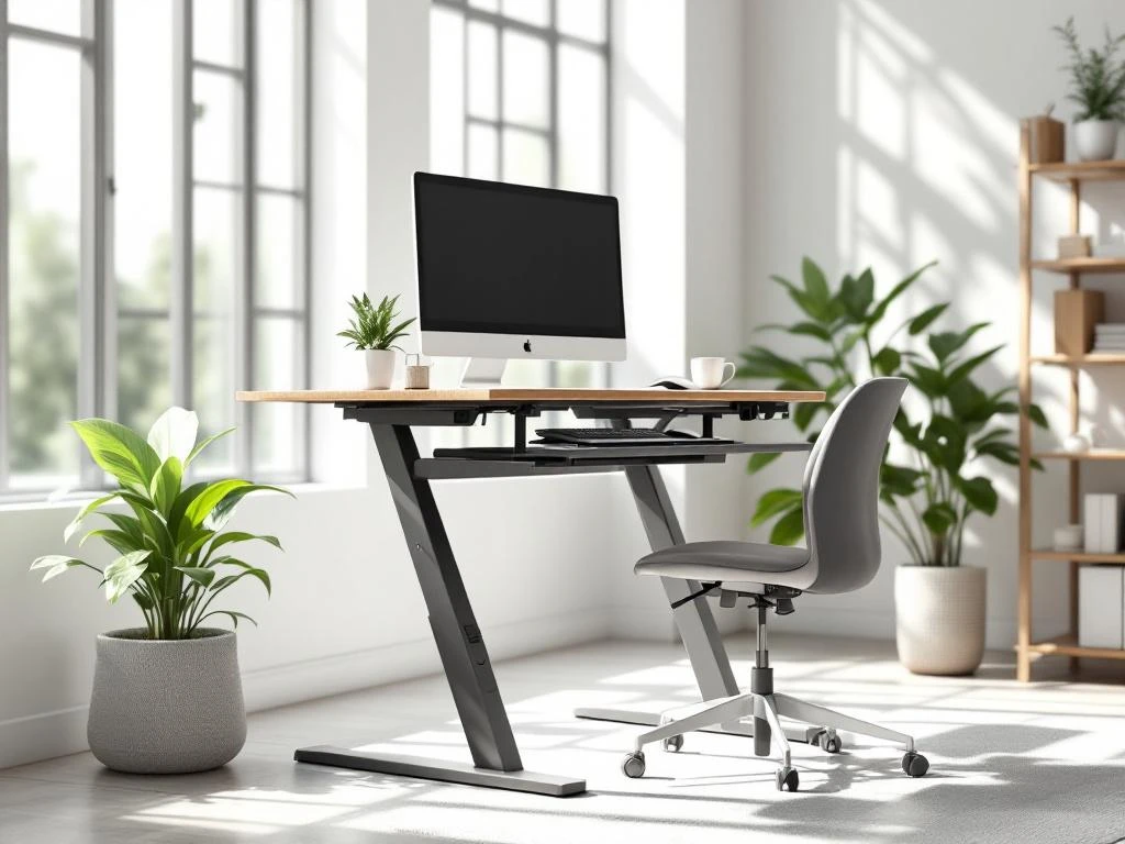 Moderne ergonomische werkplek met zit-sta bureau, computer en groene plant bij groot raam met natuurlijk licht
