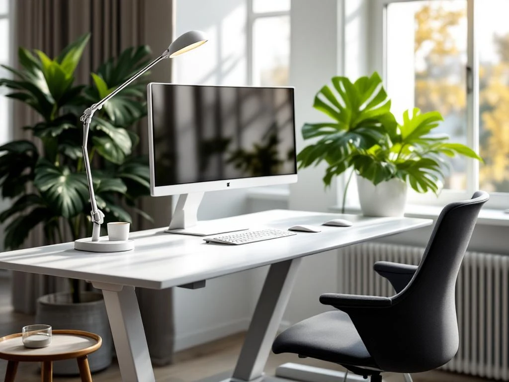 Moderne kantoorwerkplek met witte zit-sta bureau, ergonomische stoel, monitor en groene monstera plant bij raam