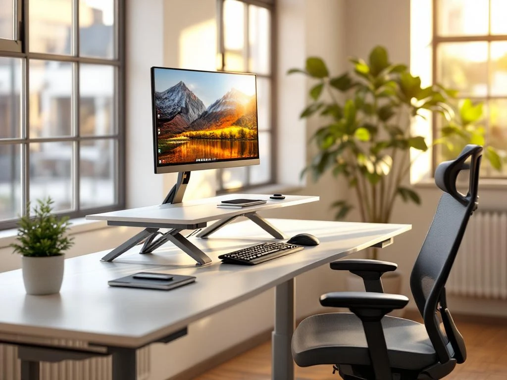 Moderne ergonomische werkplek met zit-sta bureau, monitor, toetsenbord en groene plant bij raam met natuurlijk licht