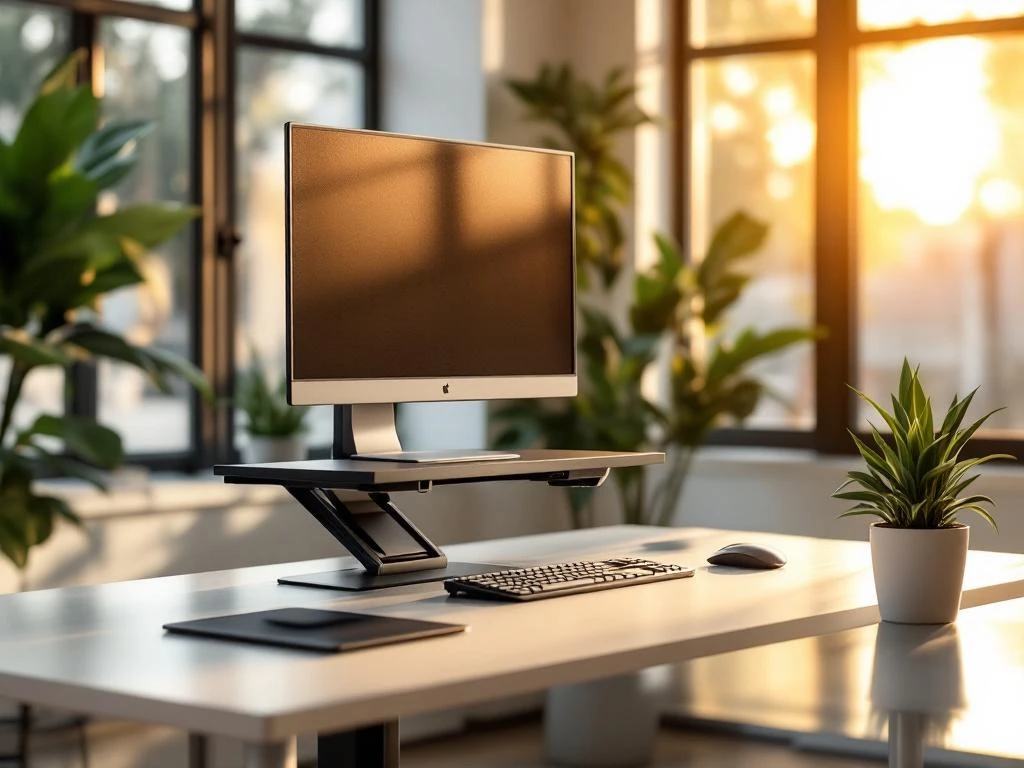 Modern sta-zit bureau in verhoogde positie met ergonomische stoel, monitor, toetsenbord en groene plant bij raam