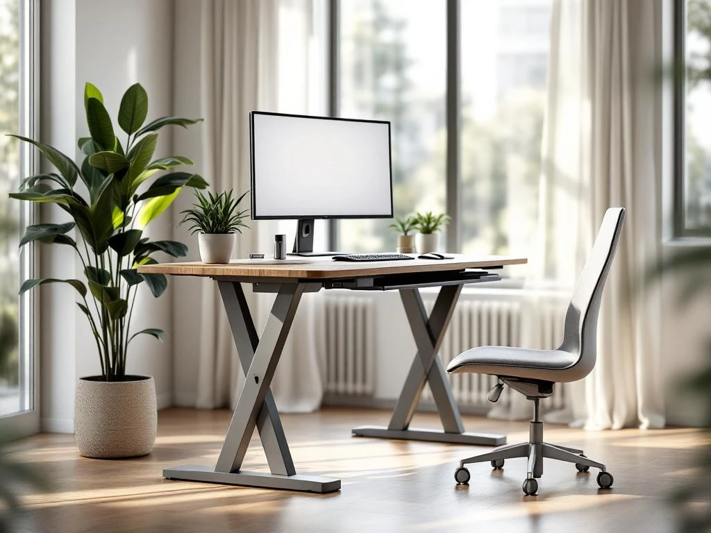 Moderne ergonomische werkplek met verstelbaar bureau, gebogen monitor en groene plant bij groot raam