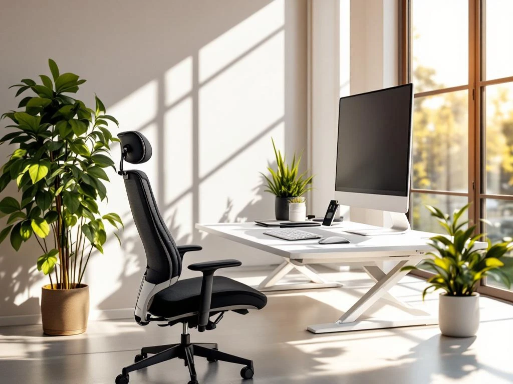 Moderne kantoorwerkplek met verstelbaar bureau, ergonomische stoel, monitor en plant bij raam met natuurlijk licht