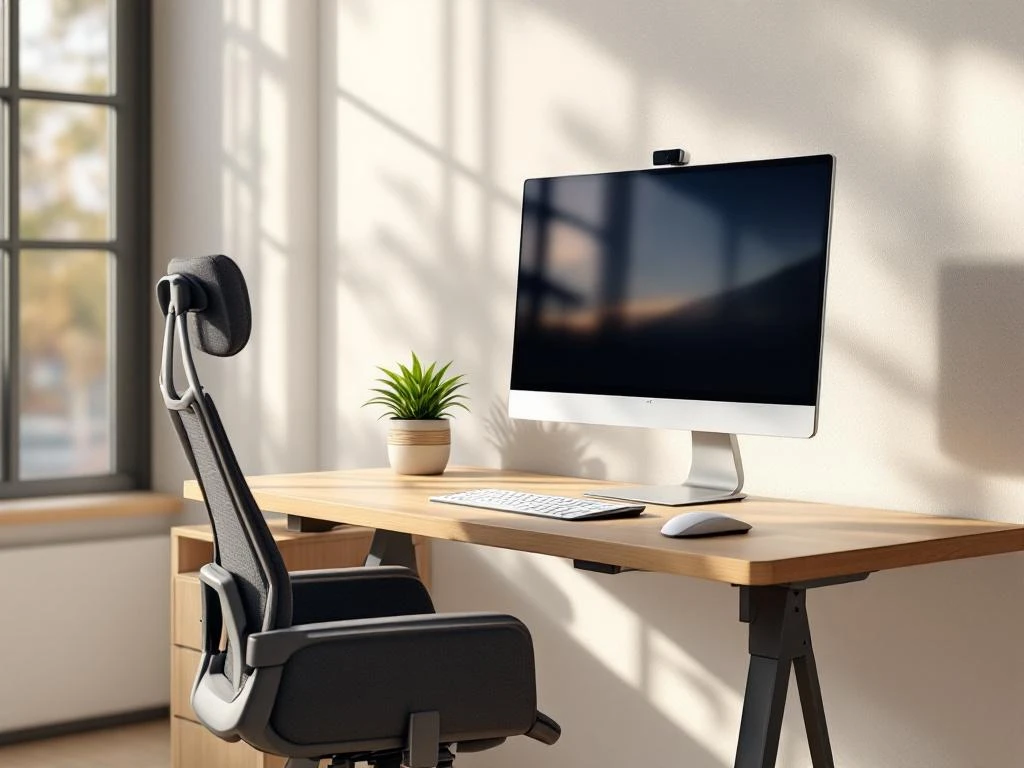 Moderne kantoorwerkplek met ergonomische zit-sta bureau, computerscherm, plant en natuurlijk licht door ramen