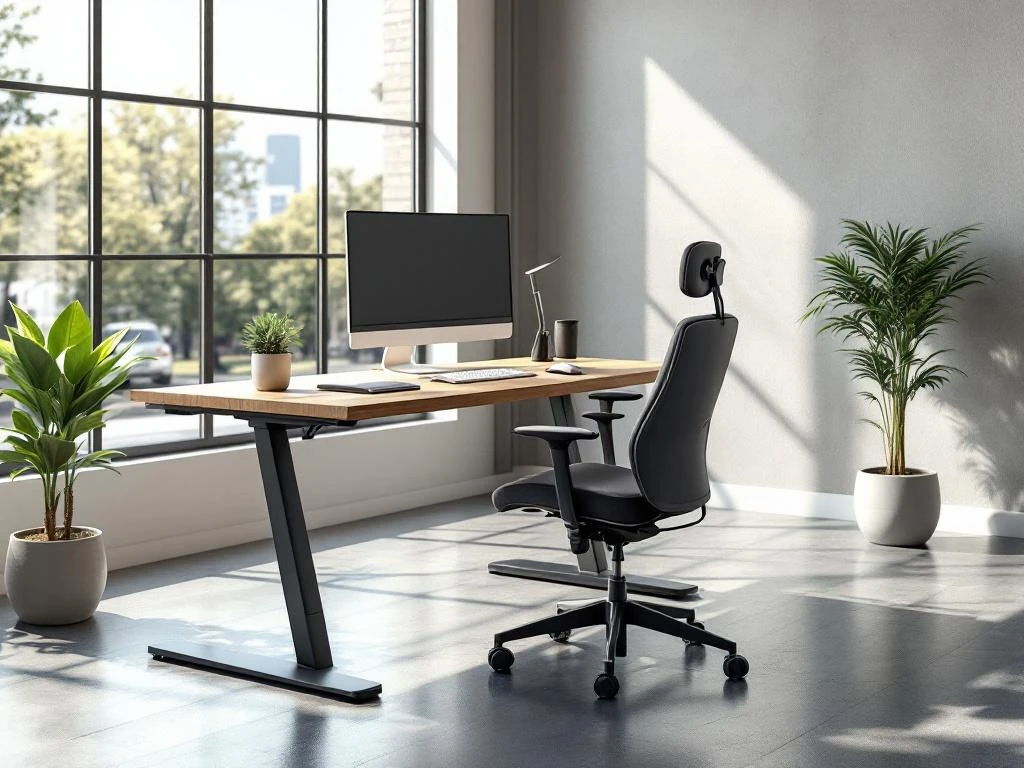 Moderne kantoorwerkplek met zit-sta bureau in hout, ergonomische stoel en grote monitor bij raam met natuurlijk licht