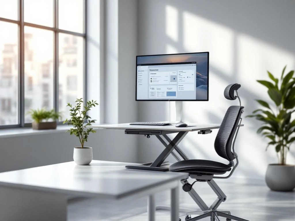 Moderne ergonomische werkplek met zit-sta bureau, zwarte bureaustoel, monitor en plant bij groot raam