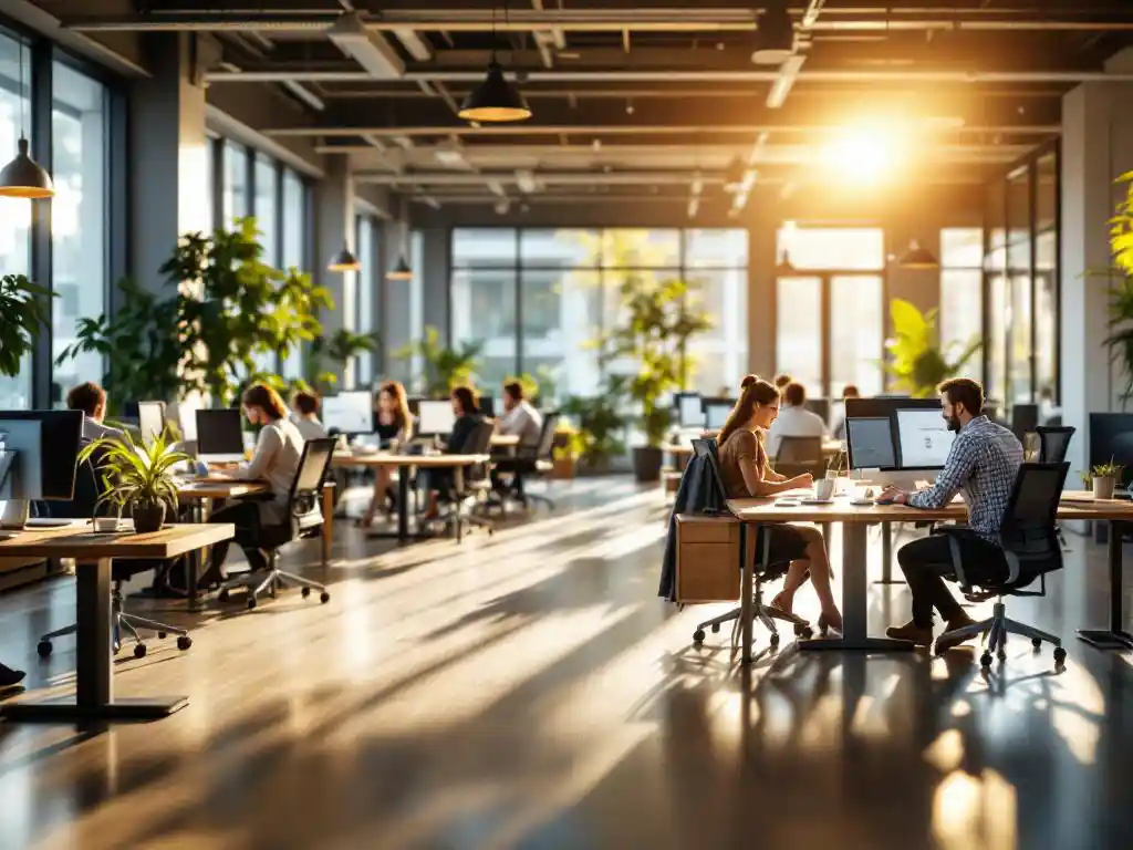 Moderne open kantoorruimte met ergonomische werkplekken, houten bureaus en premium stoelen, werknemers in warm daglicht