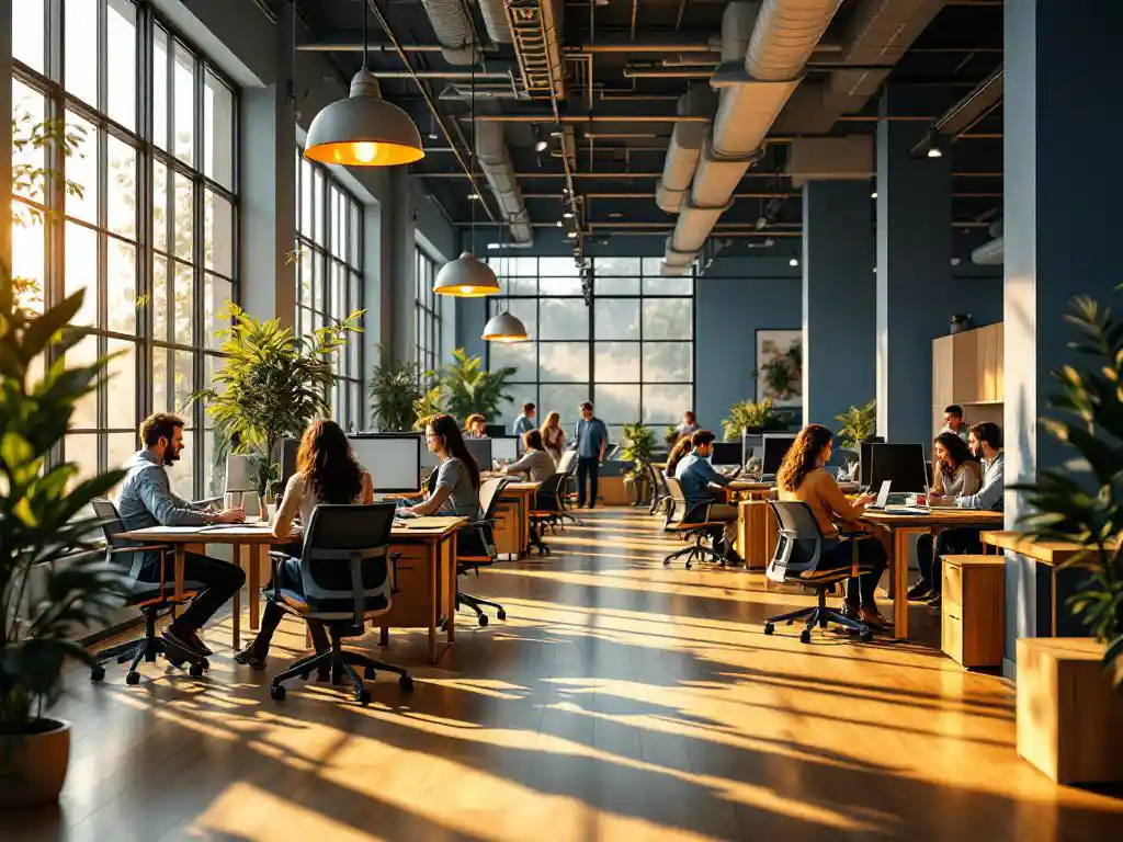 Moderne open kantoorruimte met medewerkers aan ergonomische werkstations, warme houten bureaus en eigentijdse stoelen bij grote ramen