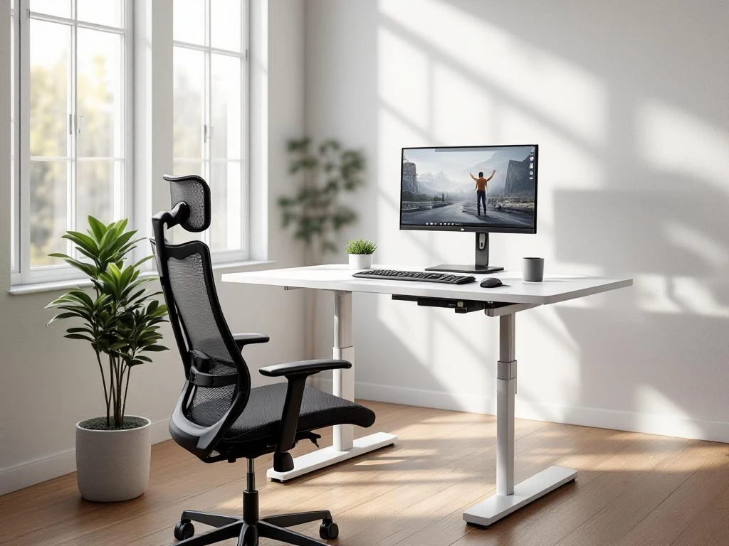 Modern ergonomisch kantoor met zit-sta bureau, zwarte bureaustoel, monitor en groene plant bij raam