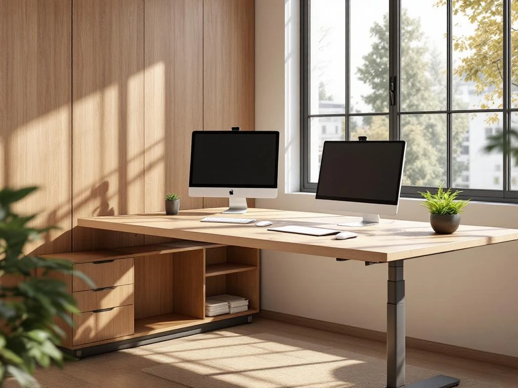Moderne kantooromgeving met ergonomische zit-sta bureau in hout, bureaustoel, monitor en plant bij groot raam