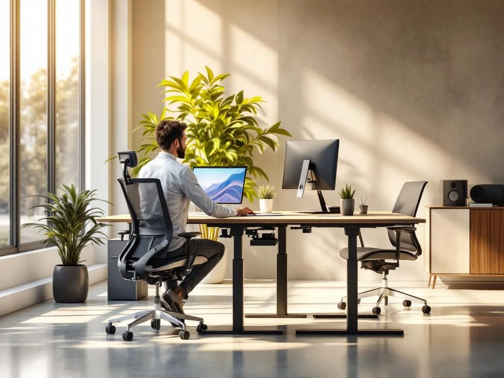 Moderne kantoorinrichting met ergonomische zit-sta bureau, verstelbare stoelen en natuurlijk licht door grote ramen