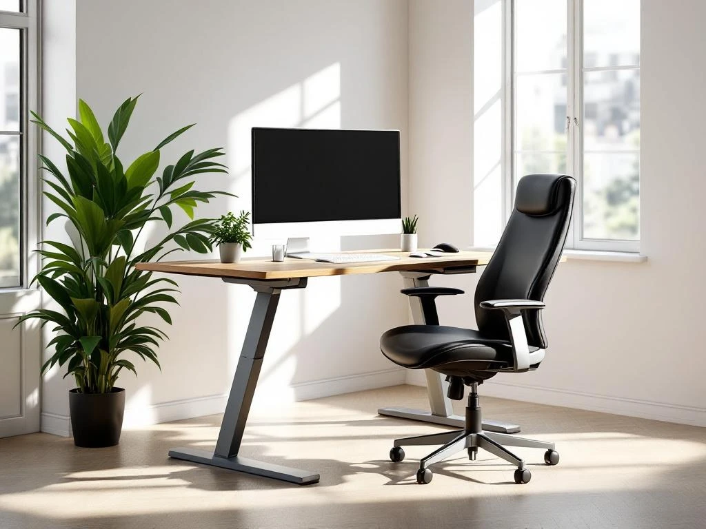 Moderne ergonomische werkplek met zit-sta bureau in eikenhout, zwarte leren bureaustoel en gebogen monitor bij raam